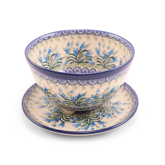 7"x4" Colander with Plate. Pattern: Bluebells