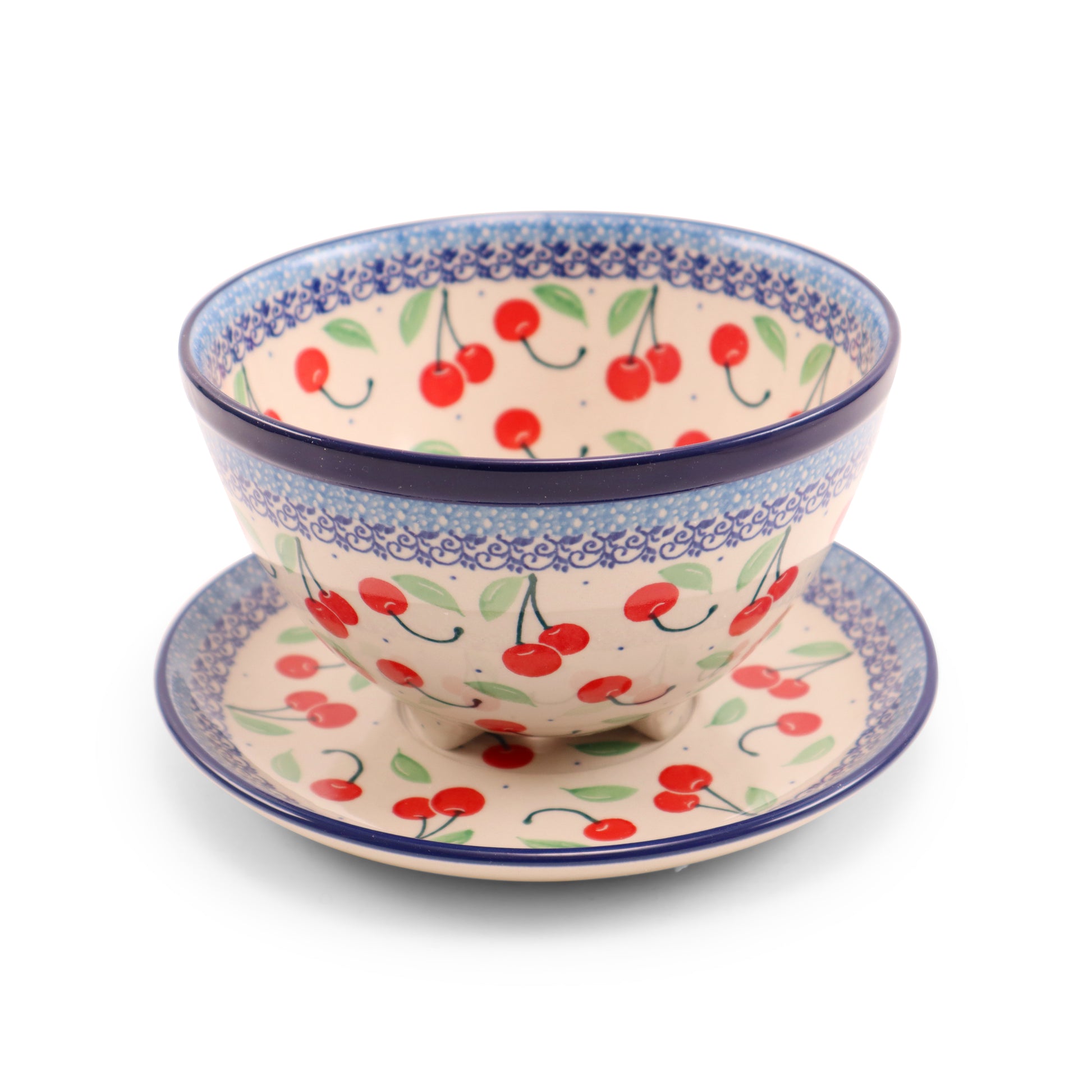 7"x4" Colander with Plate. Pattern: Cherries Jubilee