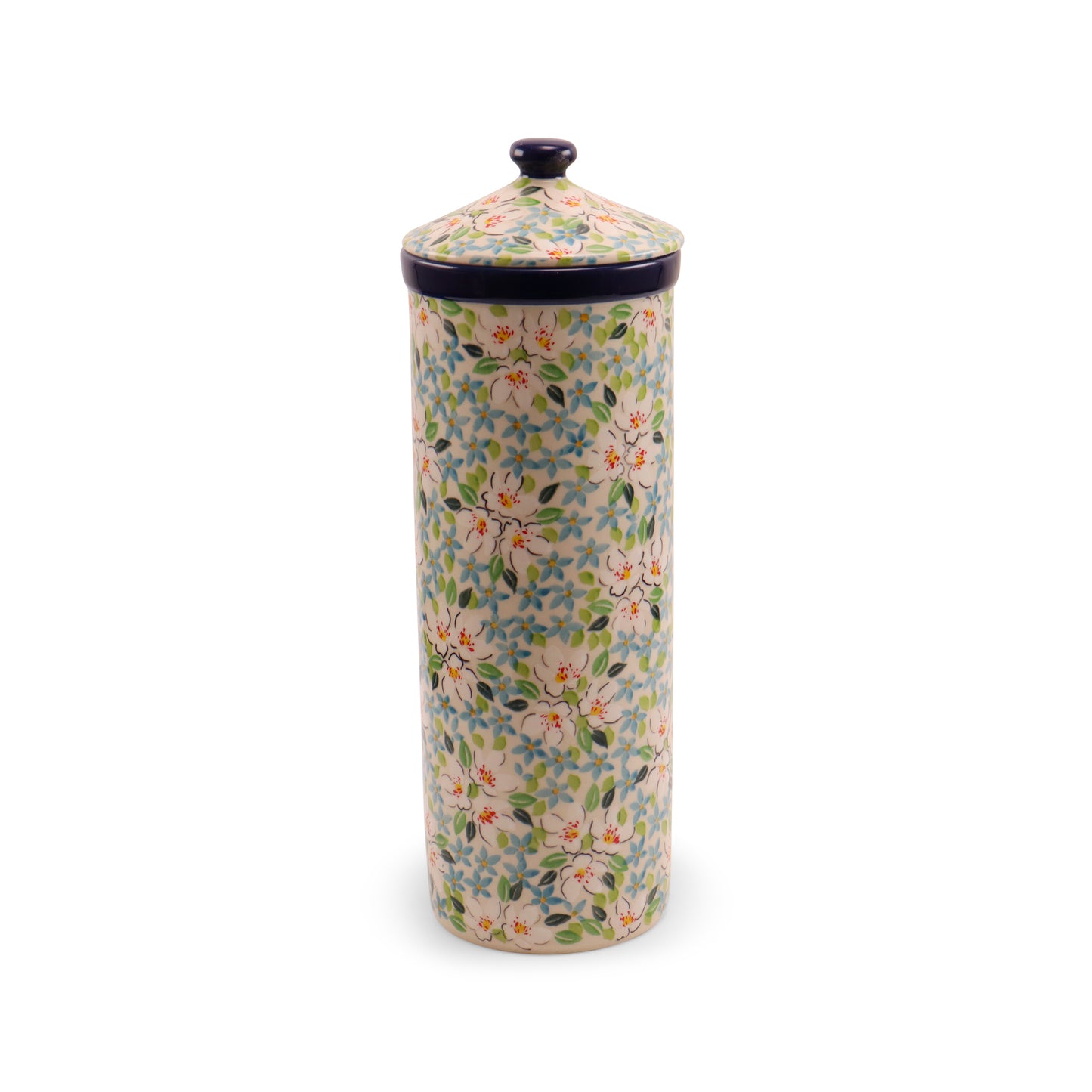 14" Spaghetti Container with Lid. Pattern: Mint Daisy