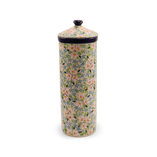 14" Spaghetti Container with Lid. Pattern: Mint Daisy