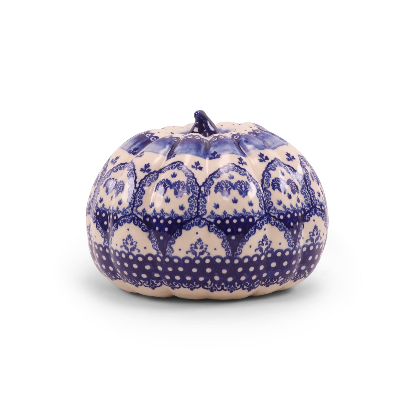 7"x5.5" Pumpkin Figurine. Pattern: Cobalt Lace