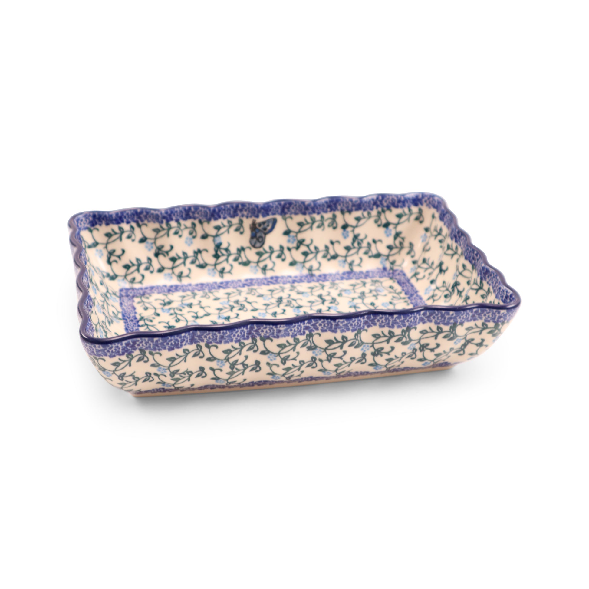 9"x6"x2" Scalloped Baker. Pattern: Periwinkle