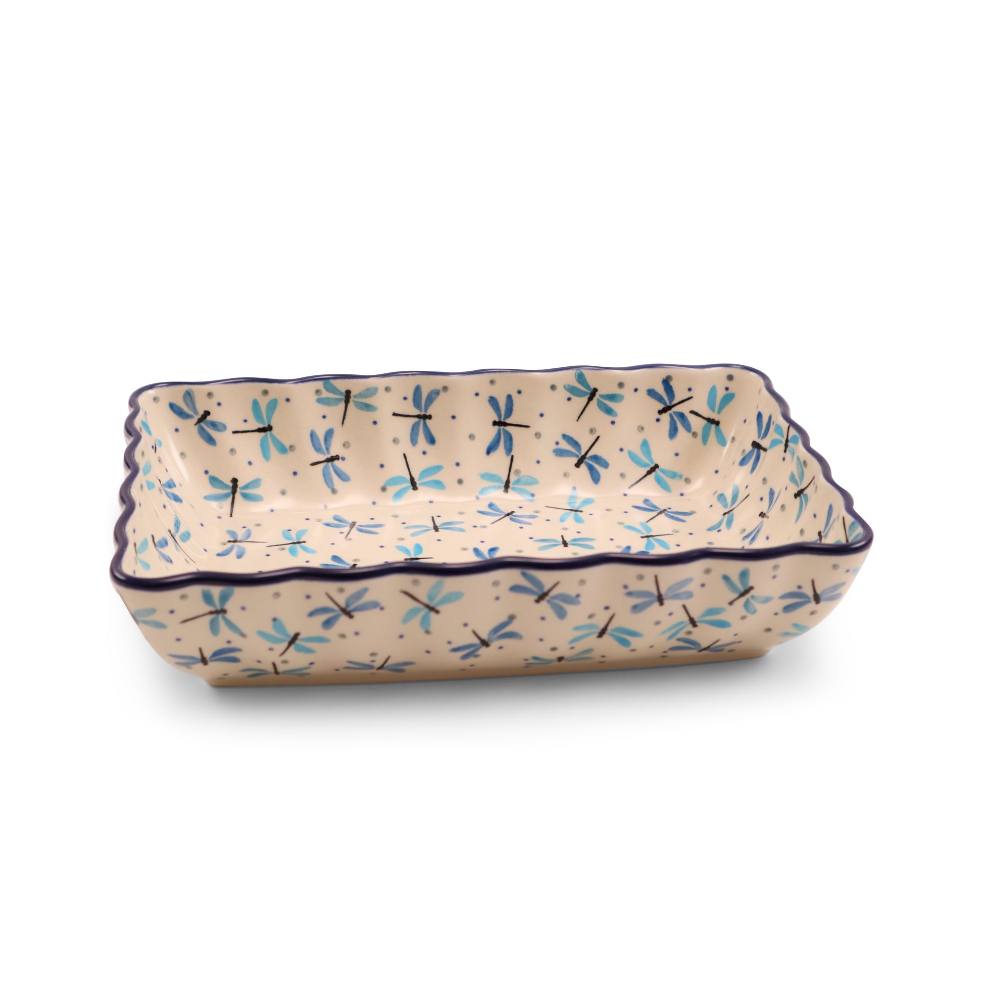 9"x6"x2" Scalloped Baker. Pattern: Dragonfly Mist