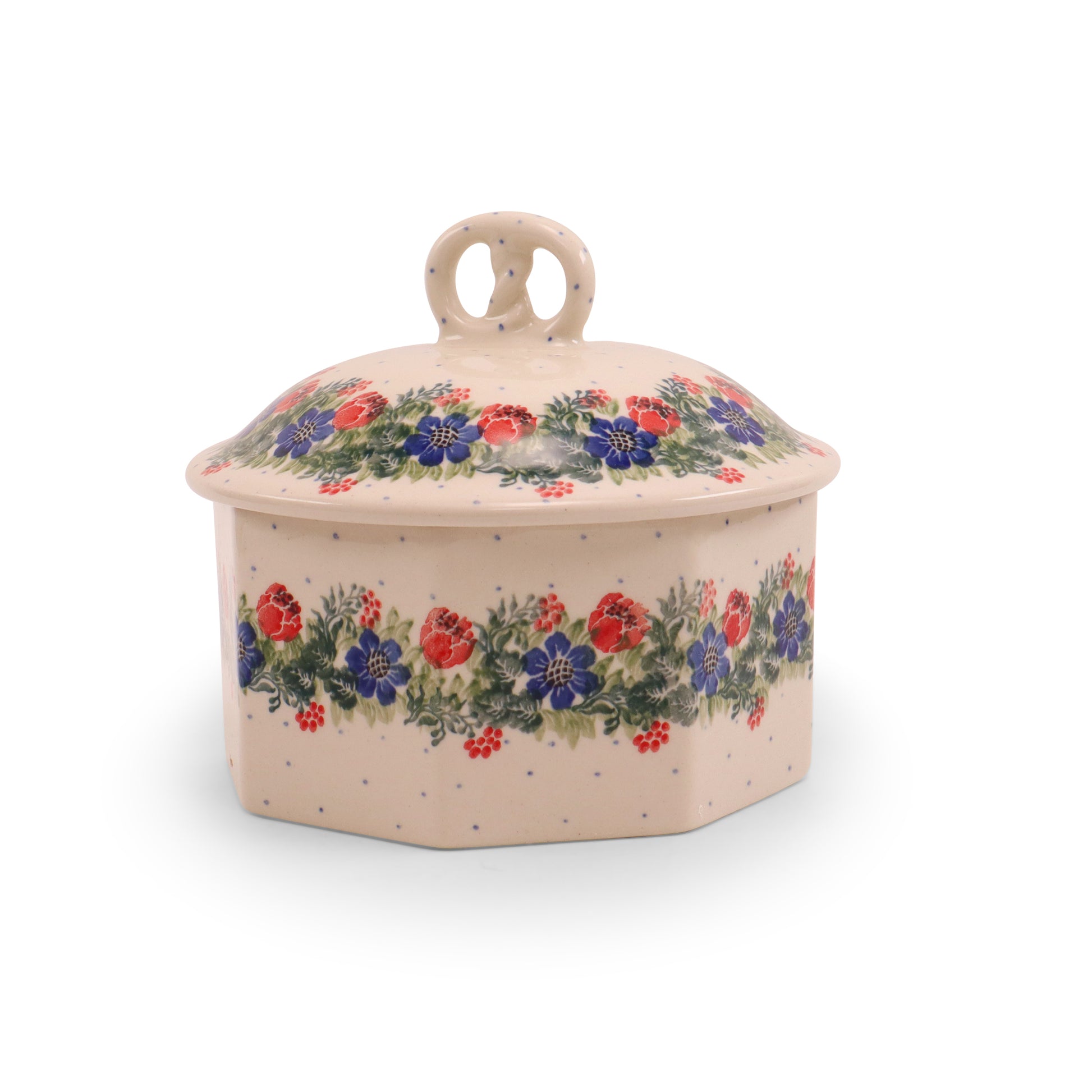 7"x3.5" Octagonal Pretzel Container. Pattern: Around the Clock