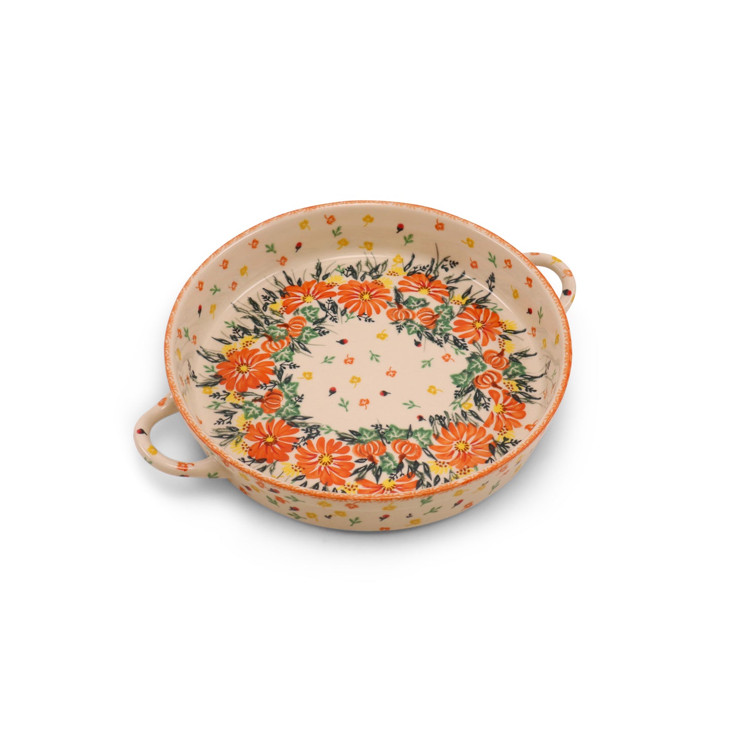 11" Round Baker with Handles. Pattern: Festive Fall