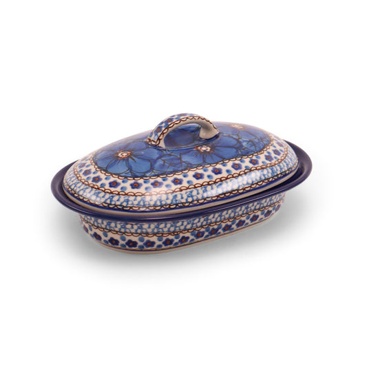 8"x6" Oval Butter Dish. Pattern: Cobalt Chyla