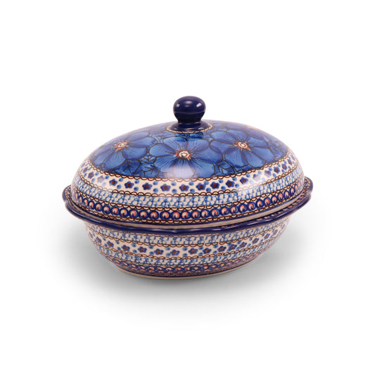 9.5"x8"x3" Covered Oval Baker. Pattern: Cobalt Chyla