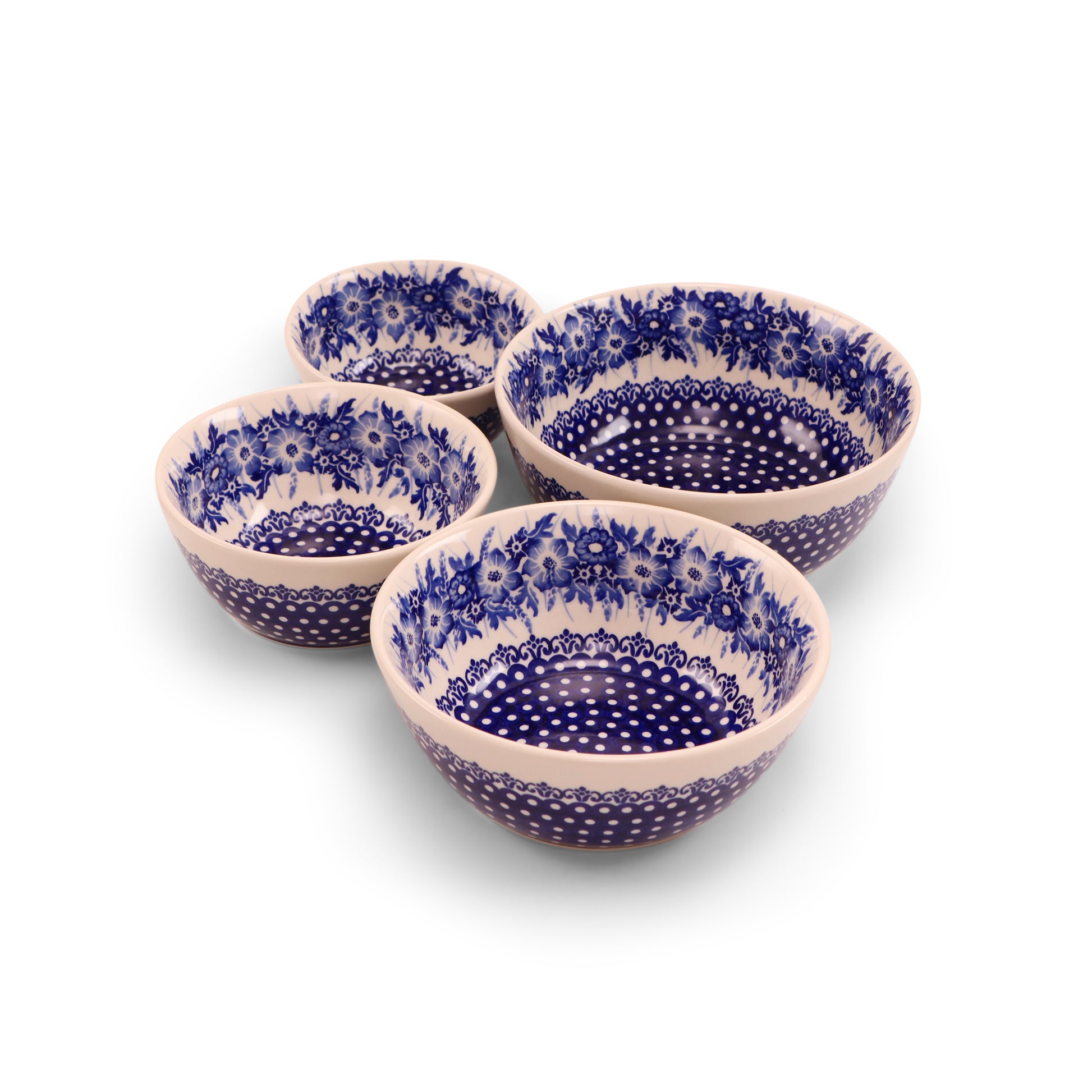 Set of 4 Stacking Bowls. Pattern: Cobalt Meadow