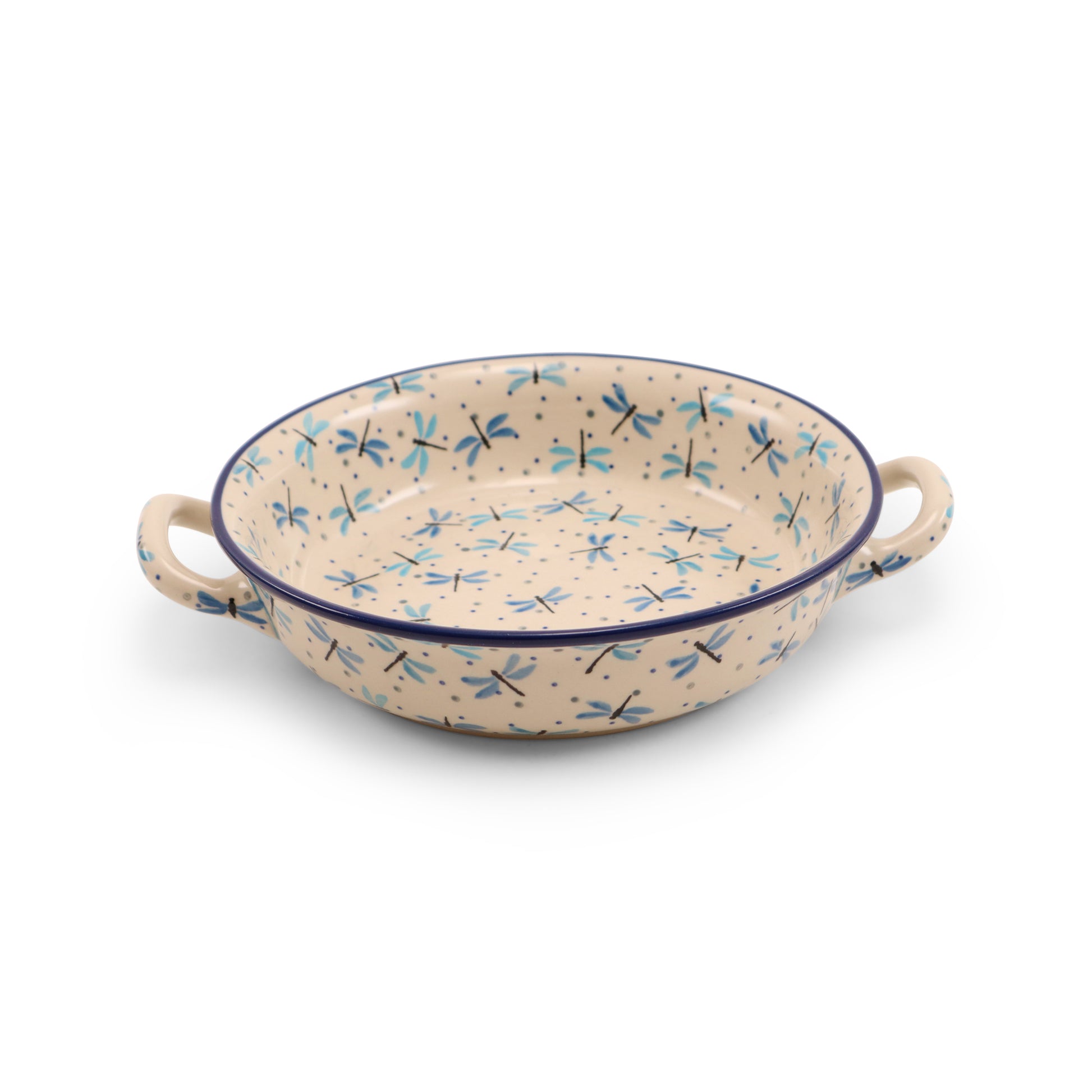 8" Round Baker with Handles. Pattern: Dragonfly Mist