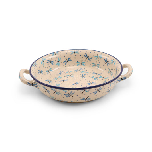 8" Round Baker with Handles. Pattern: Dragonfly Mist
