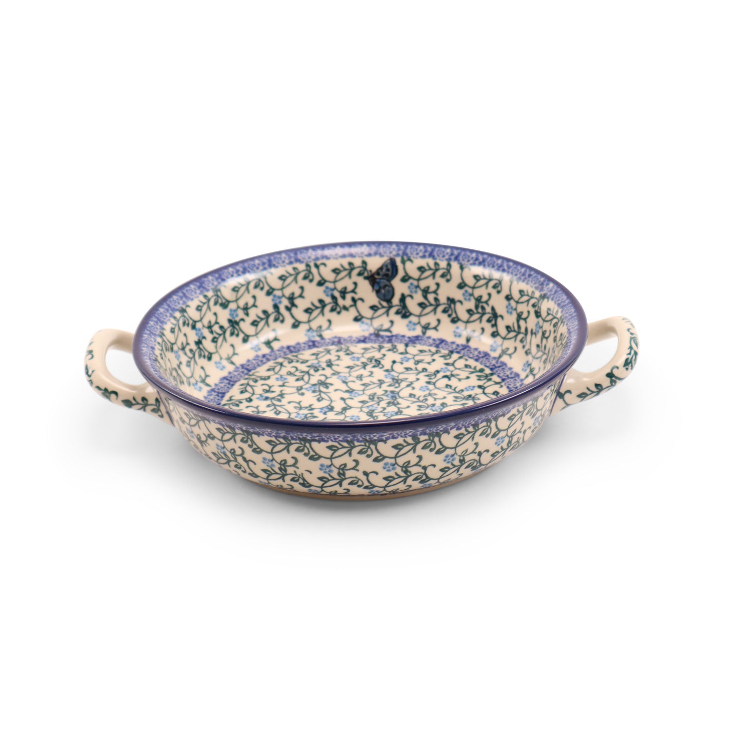 8" Round Baker with Handles. Pattern: Periwinkle Butterfly