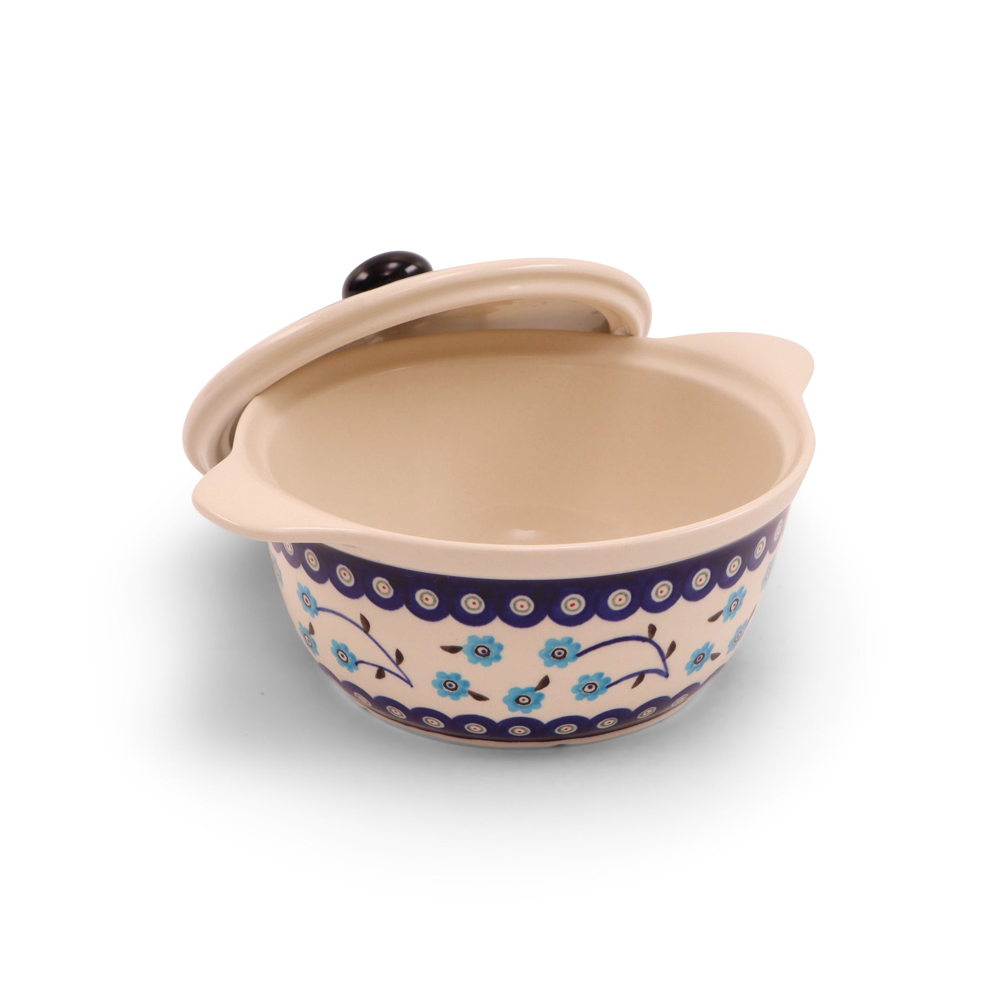 7.5"x3.5" Covered Baker With Handles Medium. Pattern: Forget Me Not