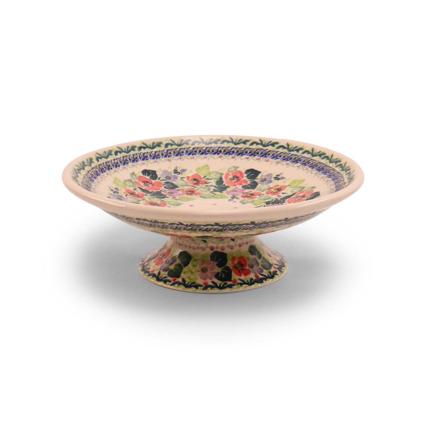 10.5" Shallow Bowl on Pedestal. Pattern: Lucky Charm