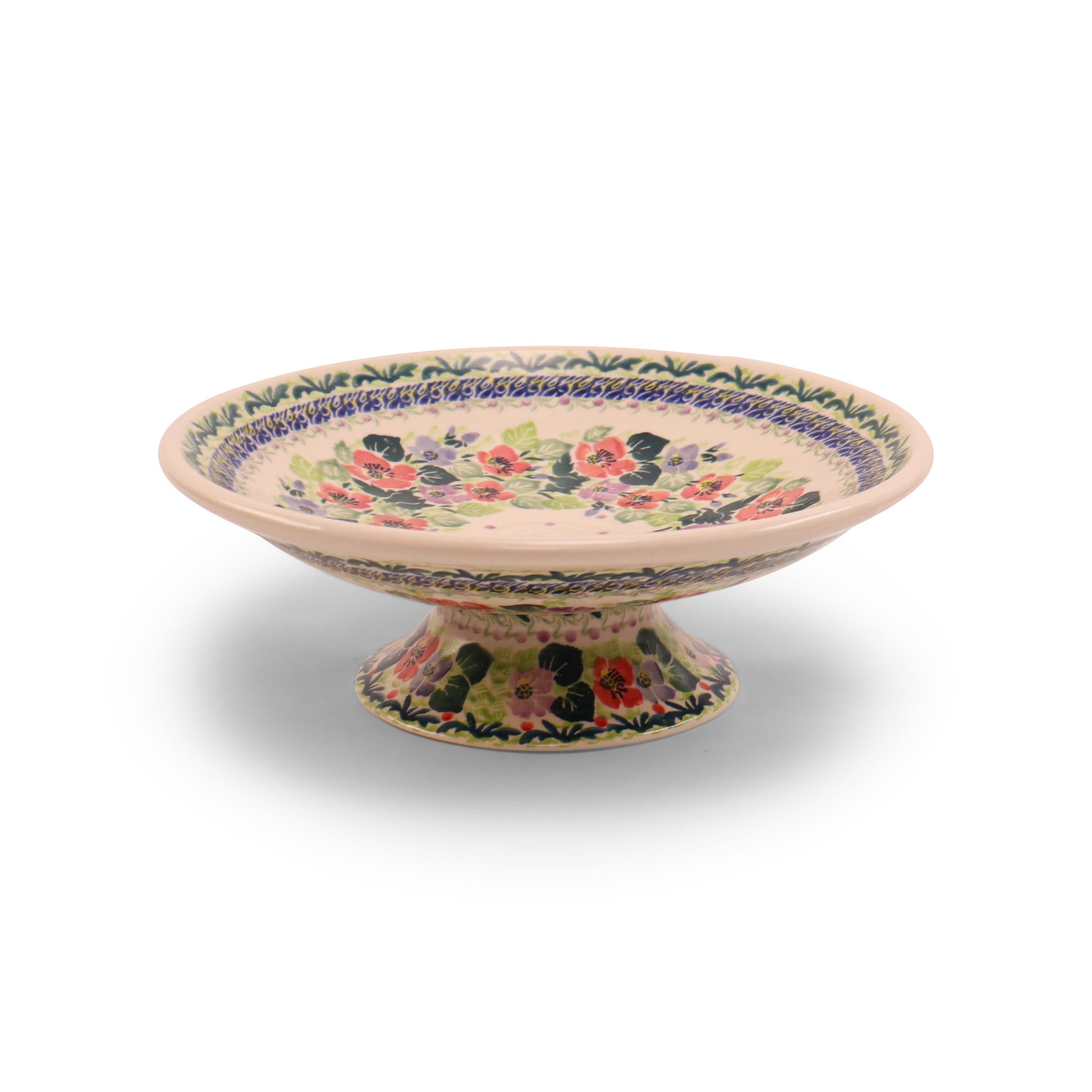 10.5" Shallow Bowl on Pedestal. Pattern: Lucky Charm