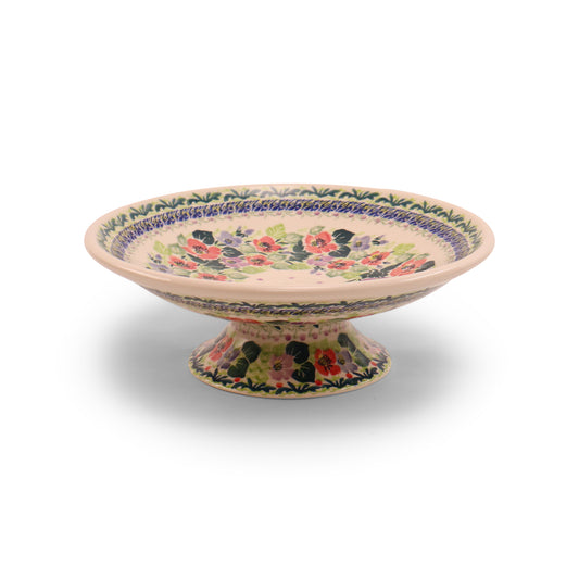 10.5" Shallow Bowl on Pedestal. Pattern: Lucky Charm