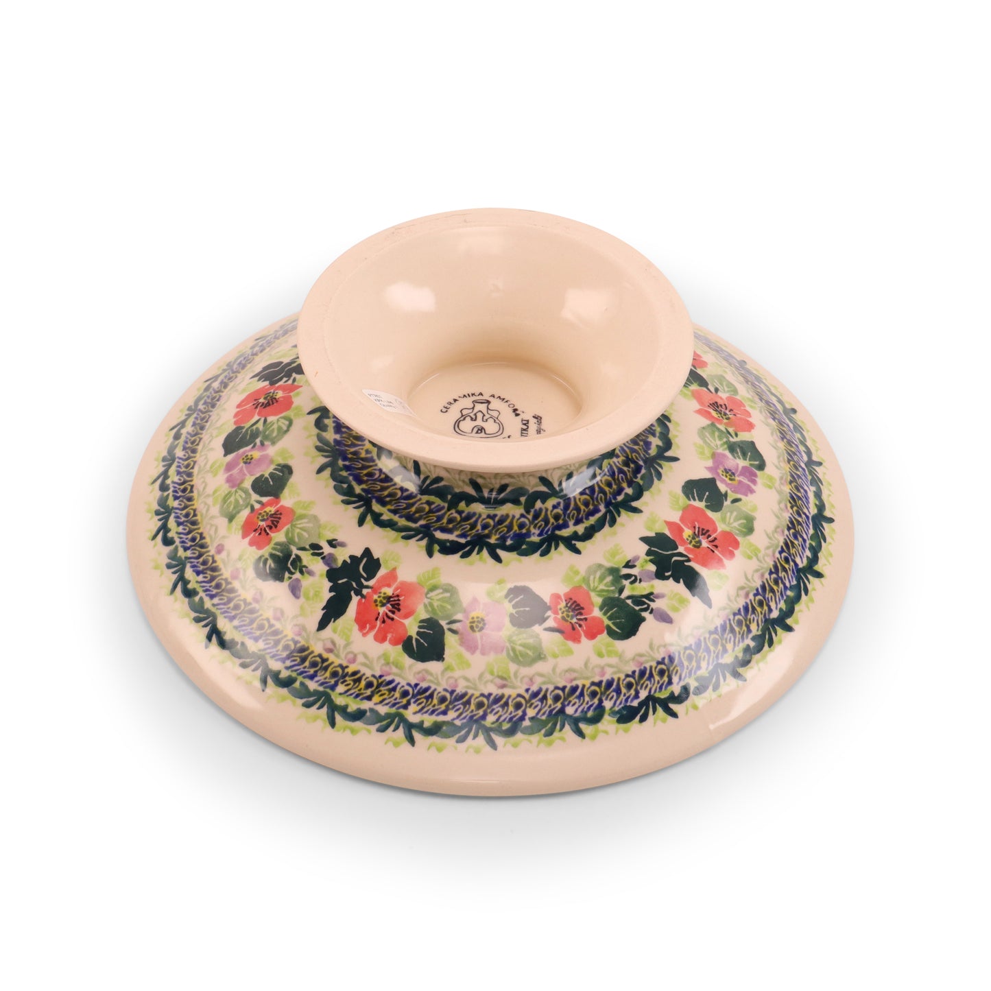 10.5" Shallow Bowl on Pedestal. Pattern: Lucky Charm