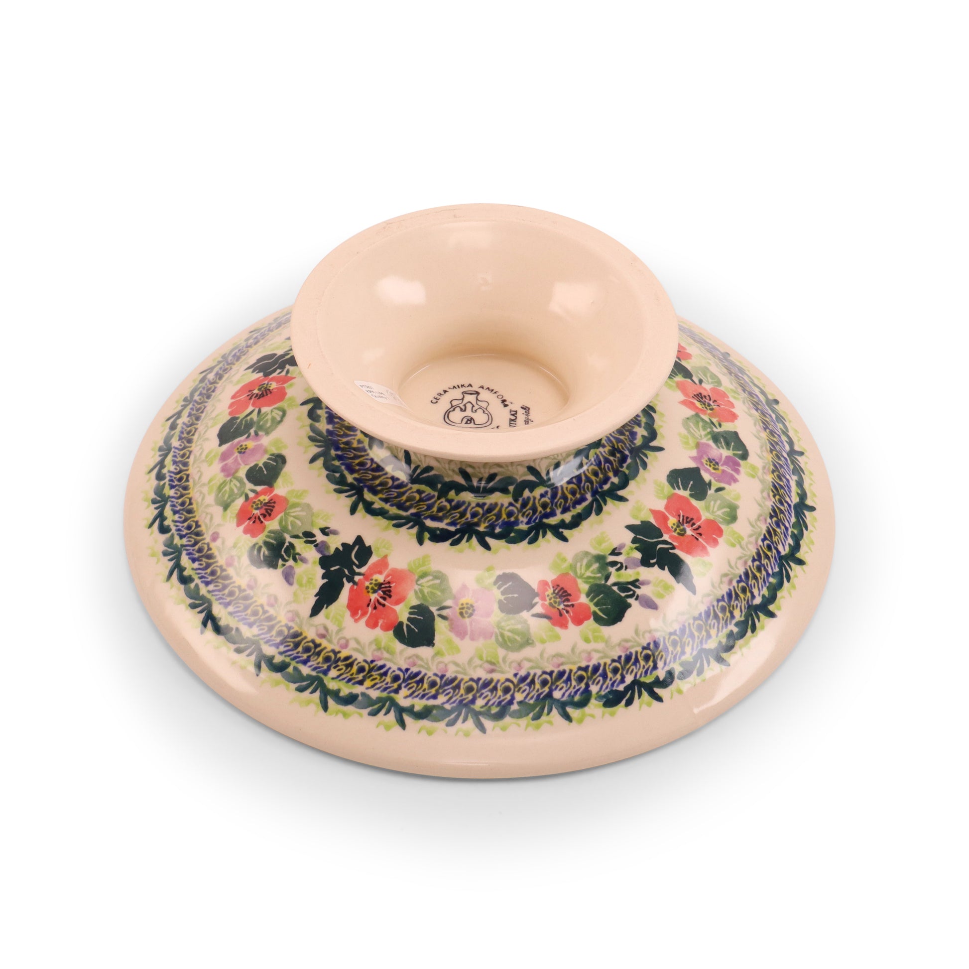 10.5" Shallow Bowl on Pedestal. Pattern: Lucky Charm