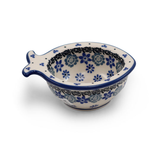4" x 2" Fish Dipping Bowl. Pattern: Flowering In Blue