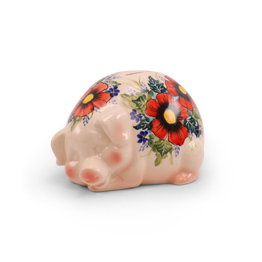 6"x5" Piggy Bank. Pattern: Red Flower