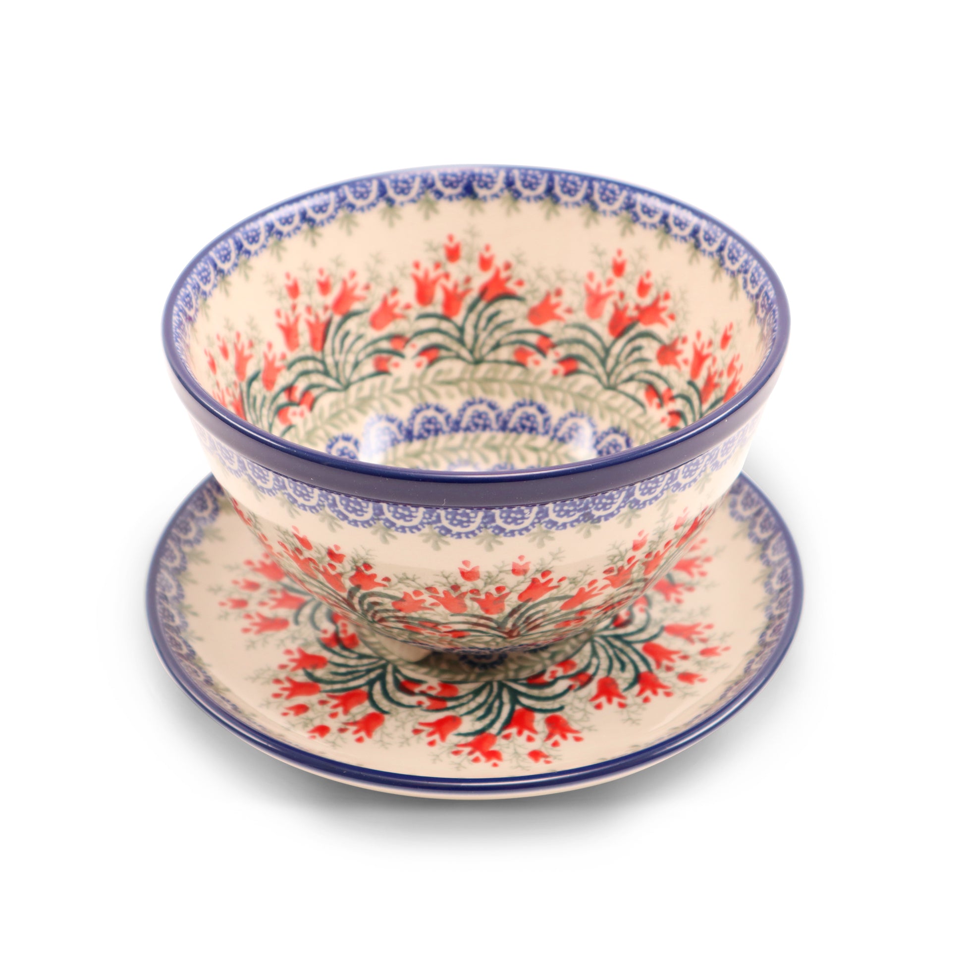 7"x4" Colander with Plate. Pattern: Crimson Bells