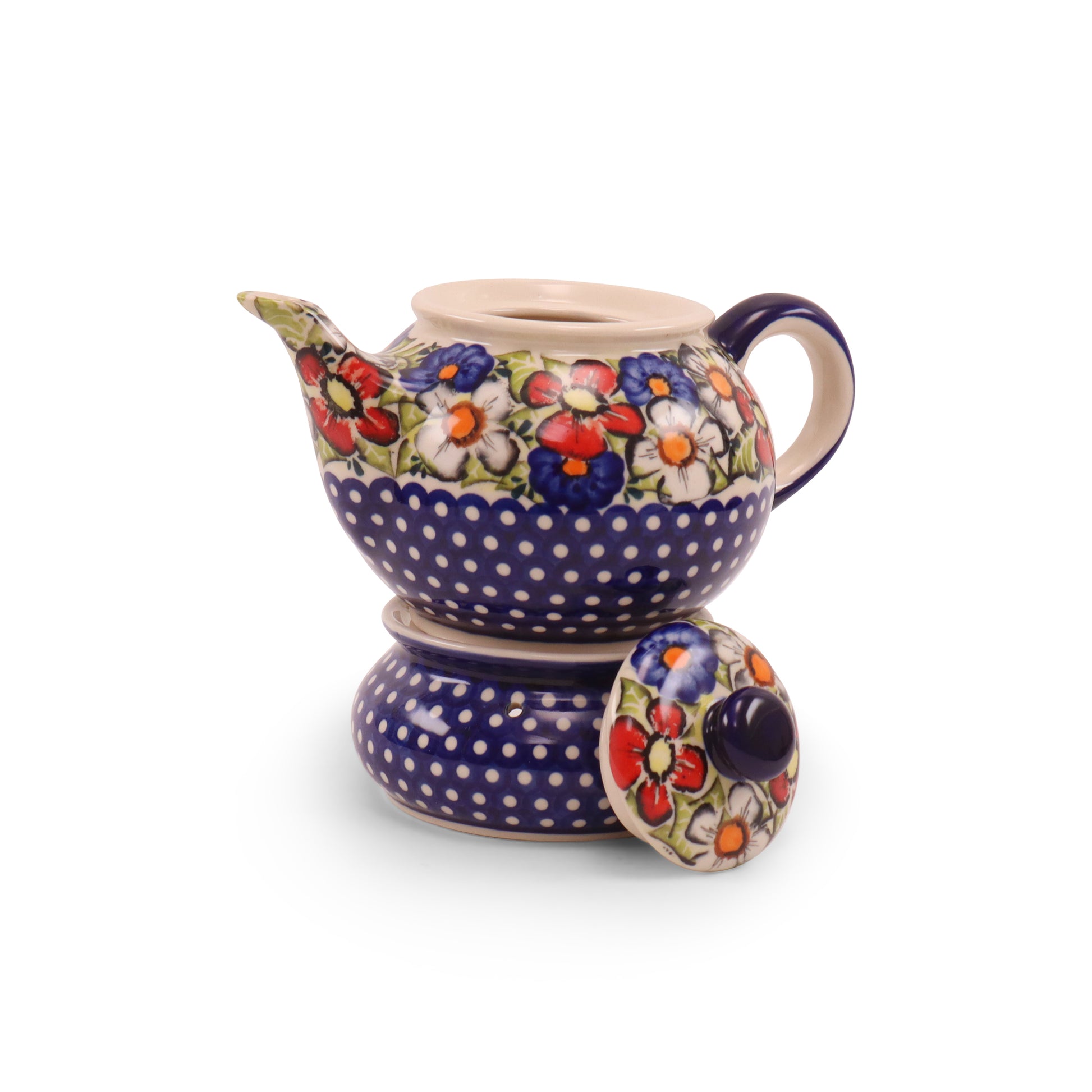 18oz Teapot and Warmer. Pattern: Colorful Half