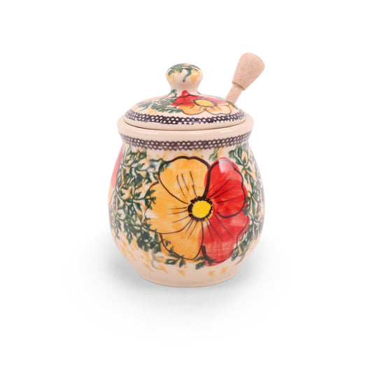 3.5"x5" Honey Jar with Dipper 2Q. Pattern: Turning Leaves
