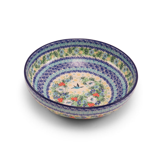 10.5"x3" Round Shallow Bowl.Pattern: Hummingbird Bliss