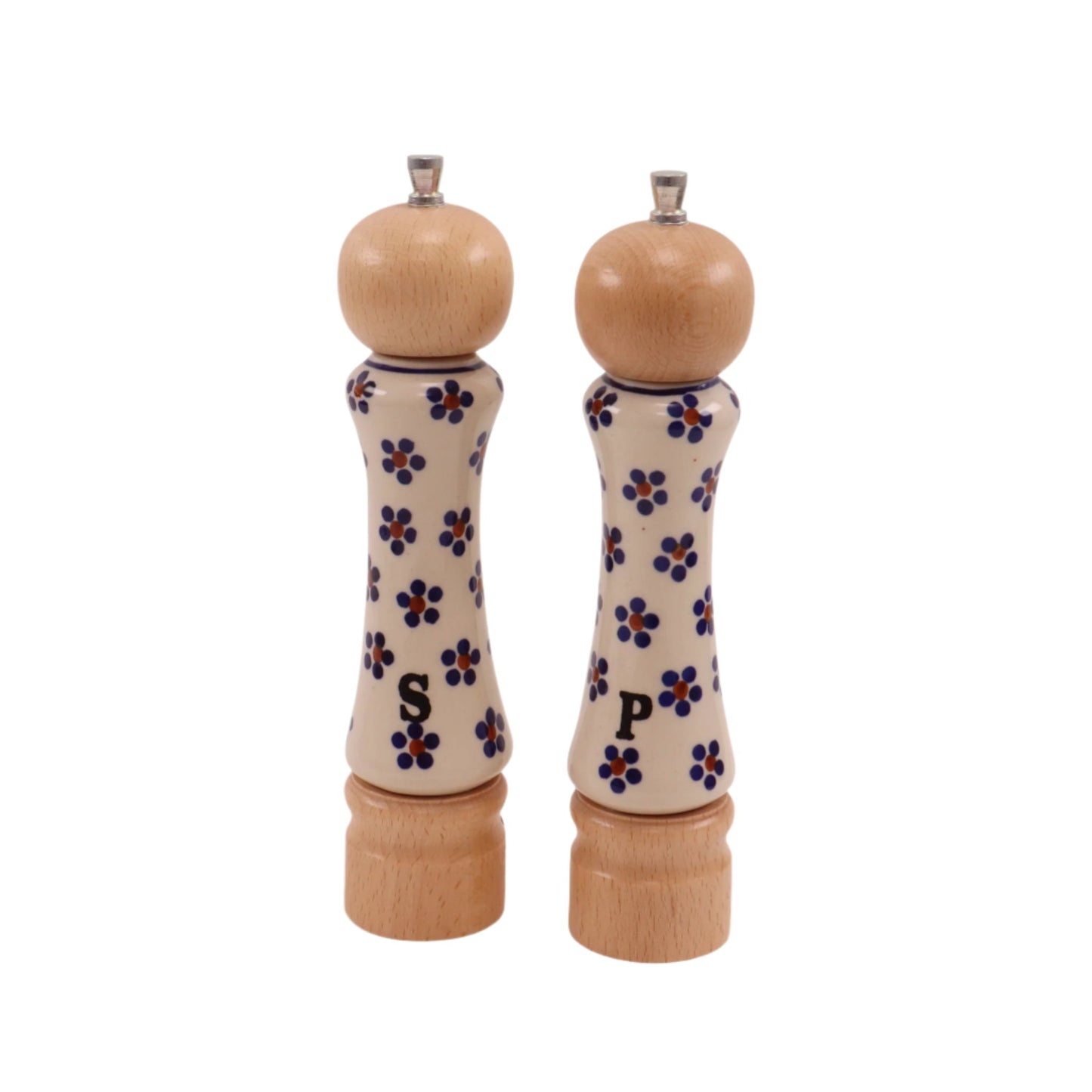 8.5"  Blonde Salt and Pepper Grinder Set. Pattern: White Flower