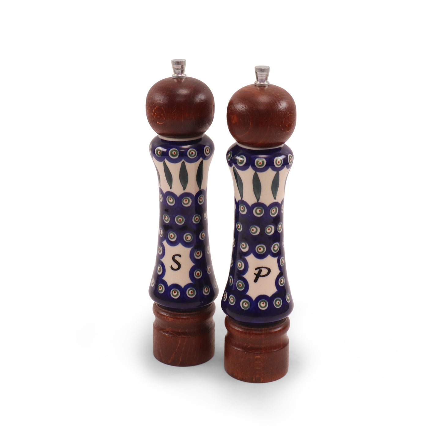 8.5" Dark Salt and Pepper Grinder Set. Pattern: Peacock Too