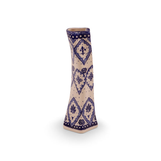 8.5" Twisted Vase. Pattern: Cobalt Lace