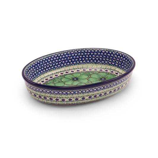 10.5"x7.5"x2" Oval Baker.Pattern: Jade Poppy