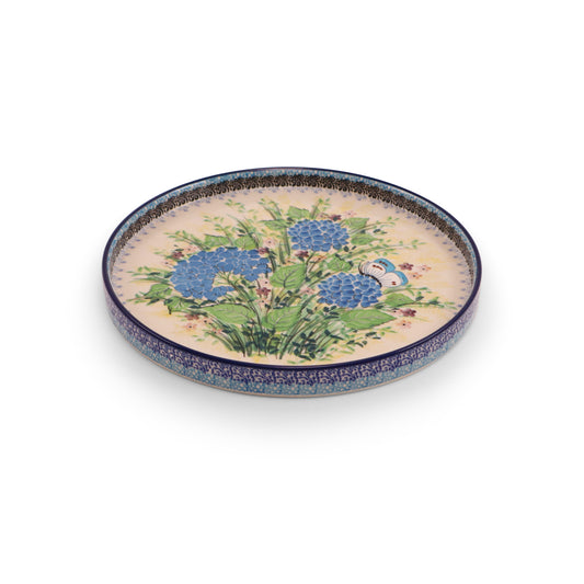 10" Round Rimmed Tray.Pattern: Hydrangea