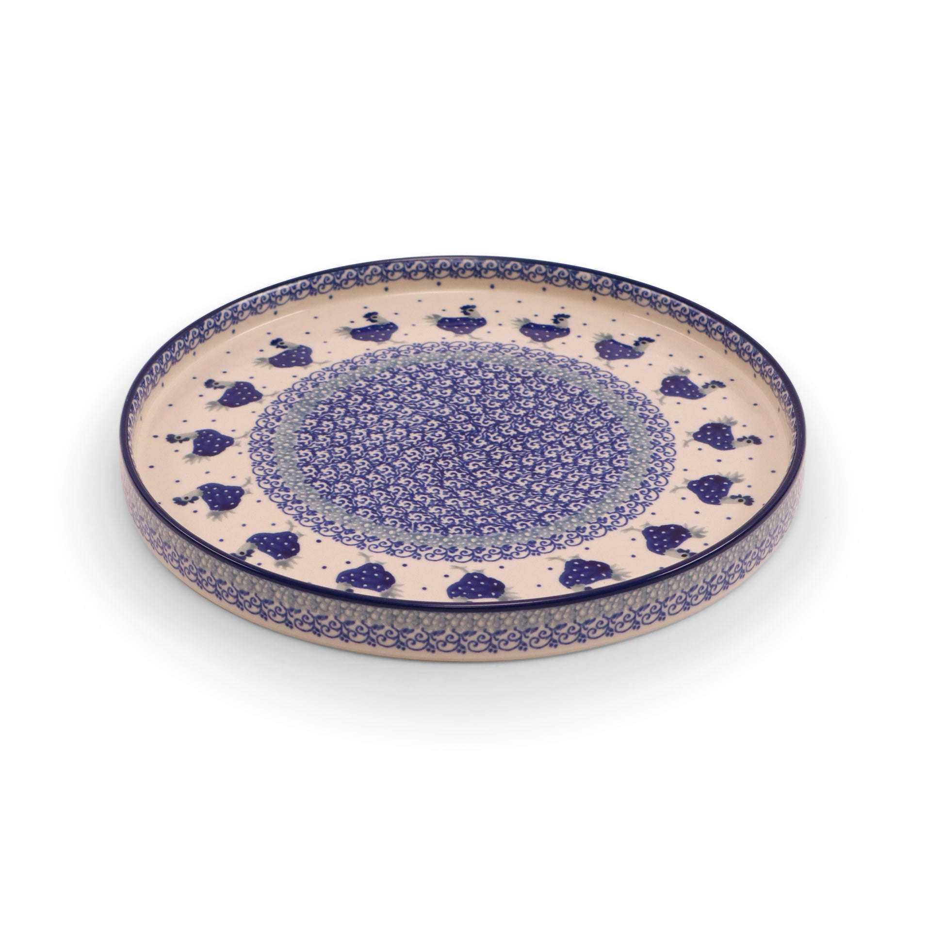 10" Round Rimmed Tray.Pattern: Polka Chicken