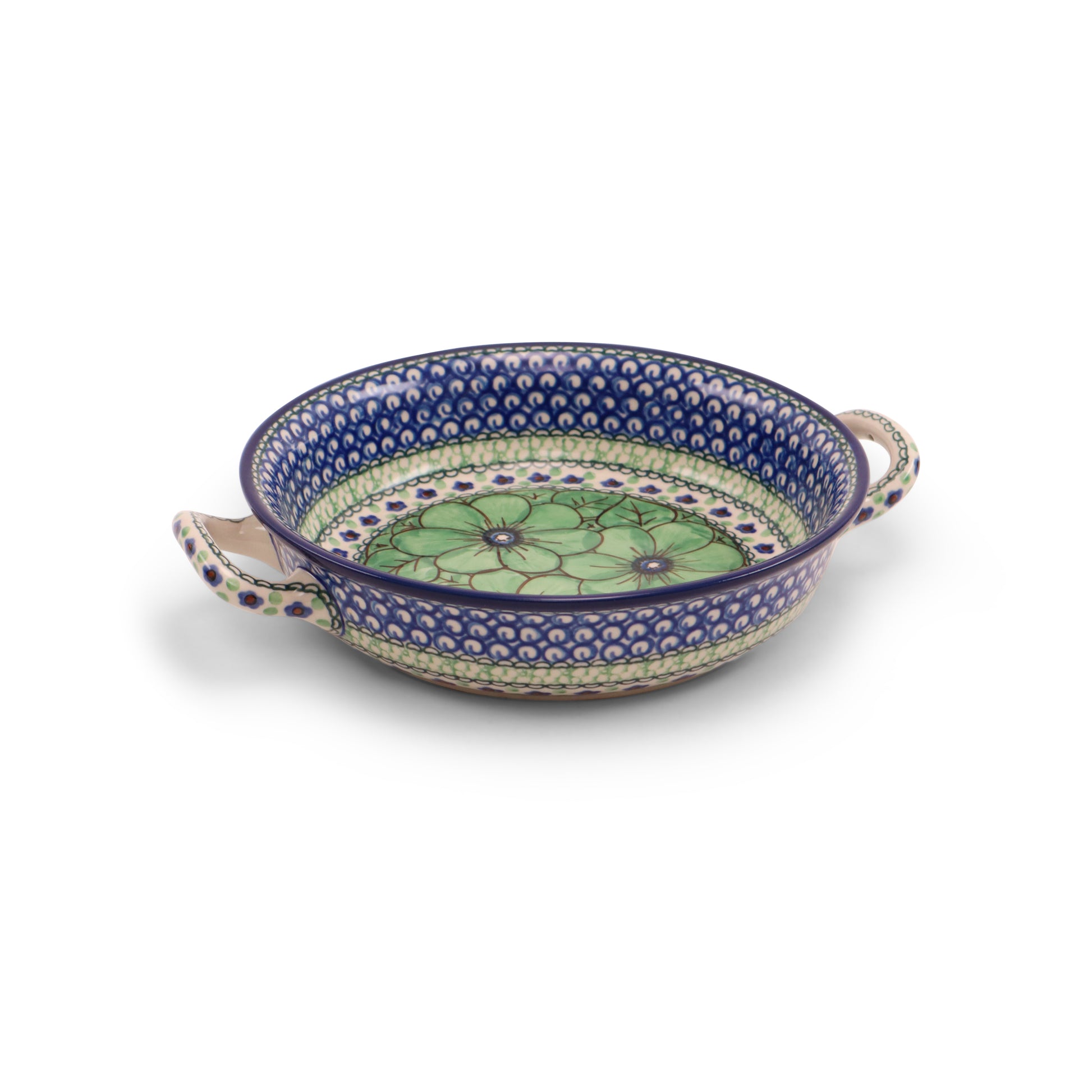 10"x1.5" Round Baker with Handles.Pattern: Jade Poppy