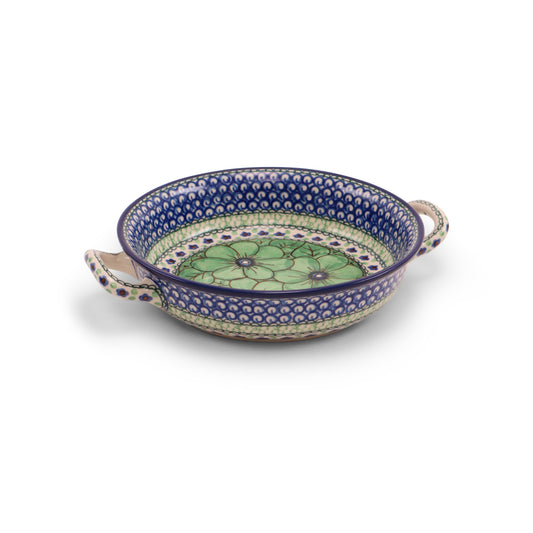 10"x1.5" Round Baker with Handles.Pattern: Jade Poppy