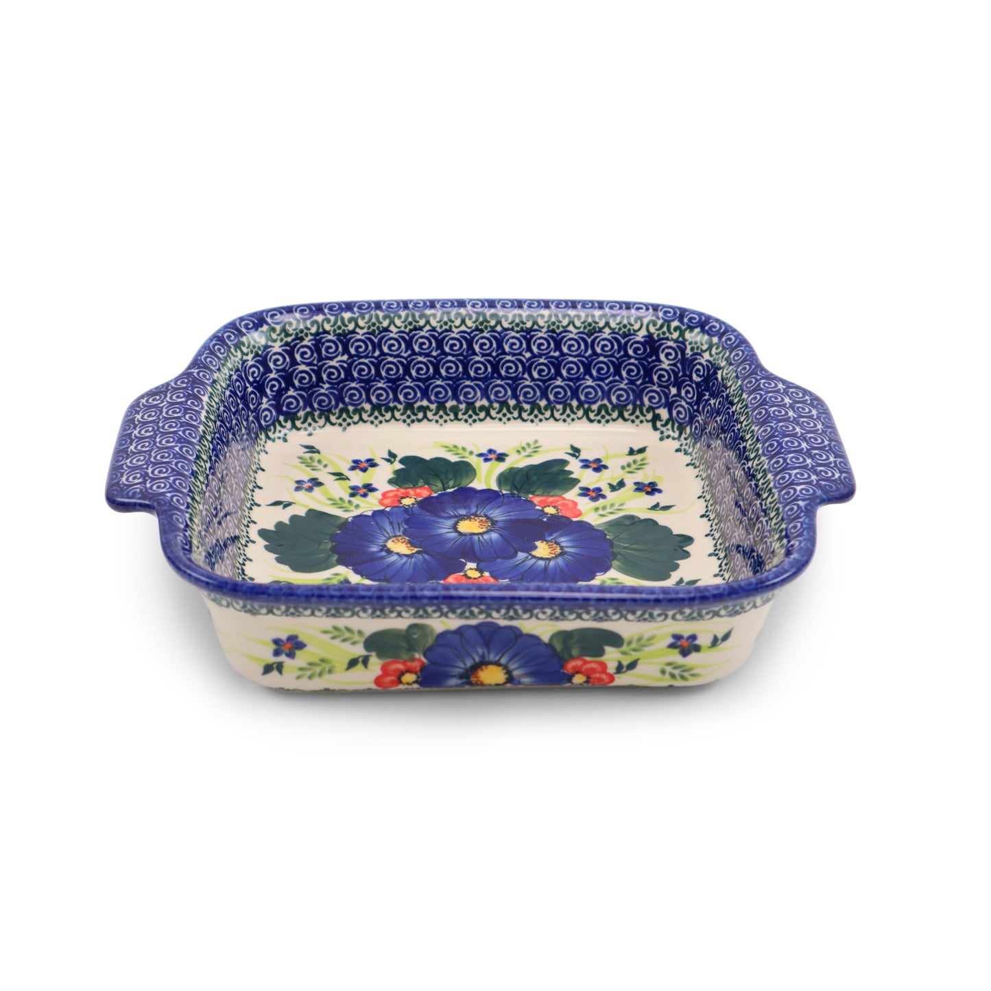 9"x9" Square Baker with Handles .Pattern: Cobalt Daisy