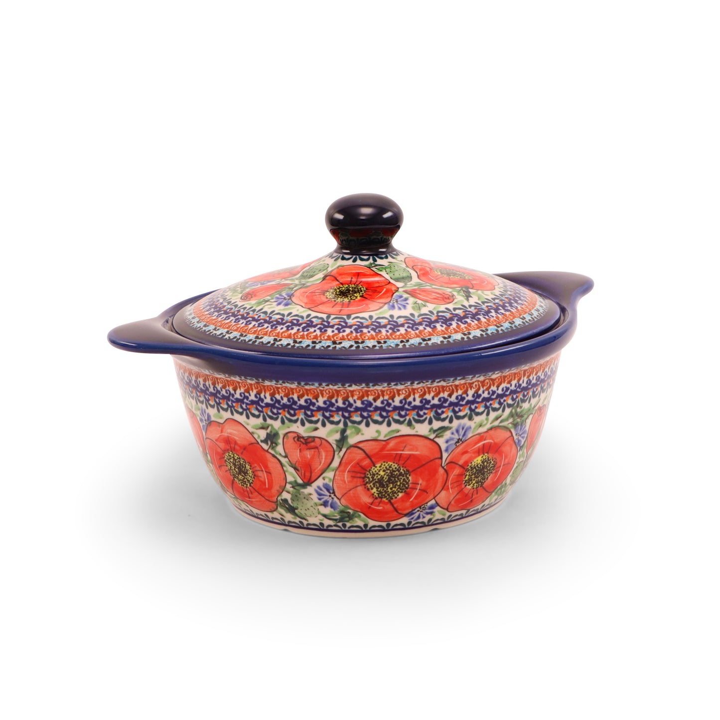 7.5"x3.5" Covered Baker With Handles Medium. Pattern: Country Poppy