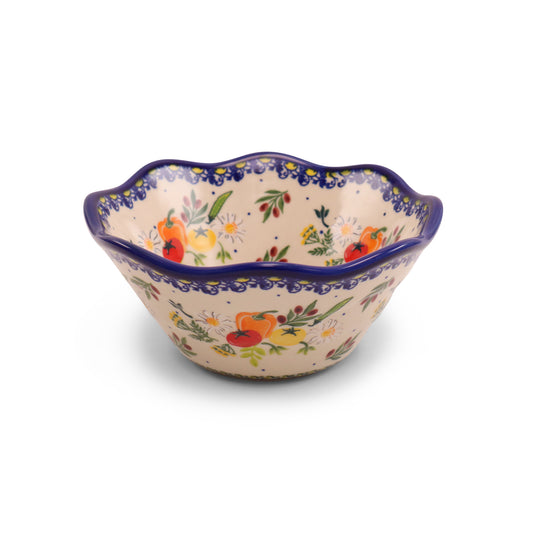 7.5"x3.5 Wavy Conical Bowl. Pattern: Veggie Time