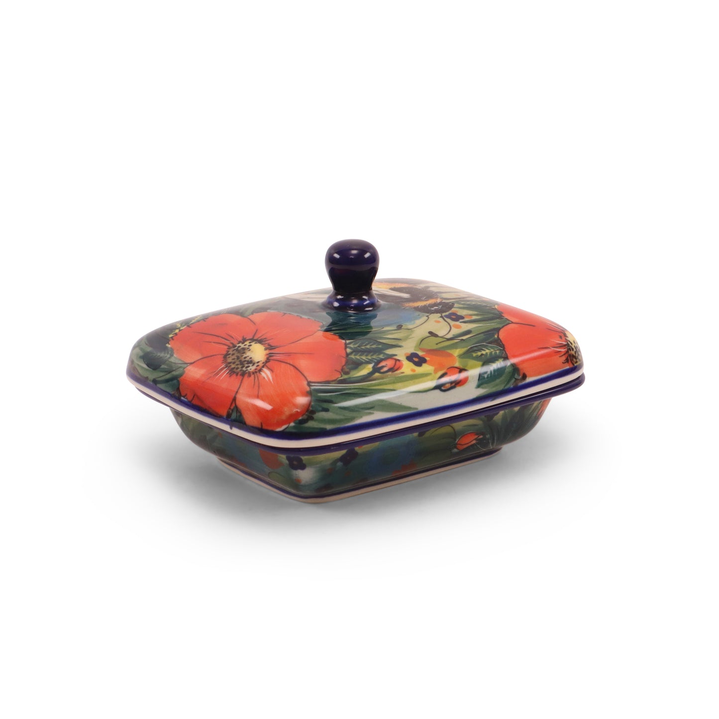 5"x6.5" Butter Dish. Pattern: Red Bee