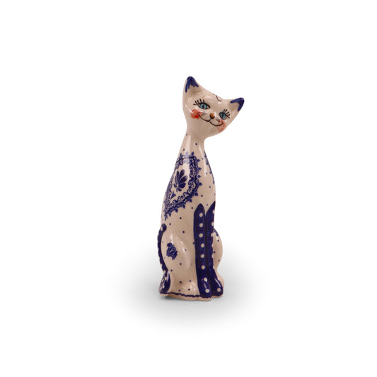 8"x3" Tall Cat Figurine. Pattern: Cobalt Lace