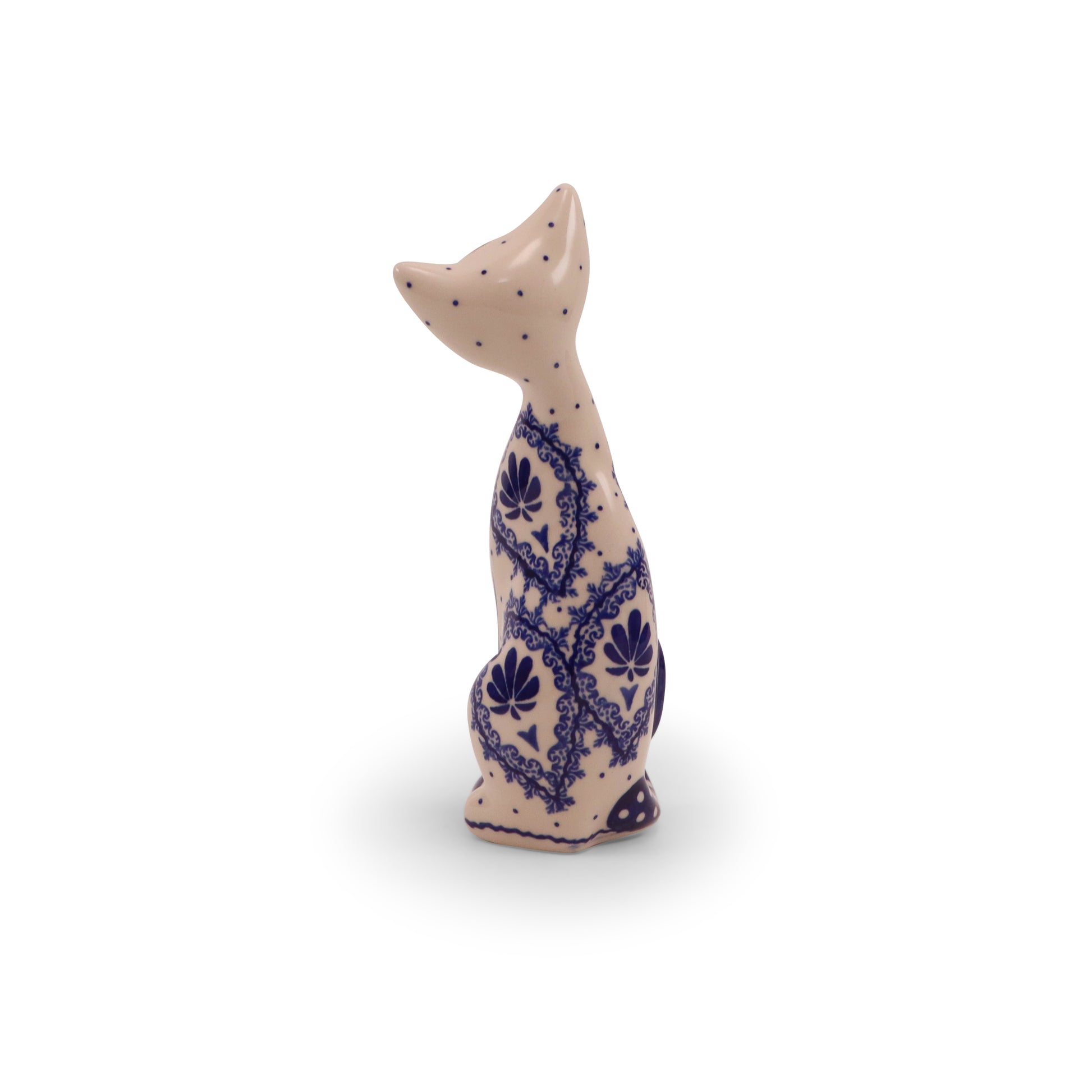 8"x3" Tall Cat Figurine. Pattern: Cobalt Lace