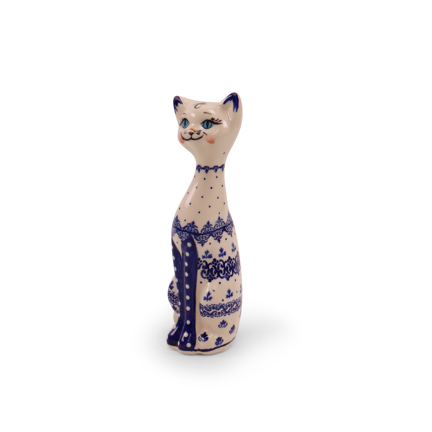 9"x3" Tall Cat Figurine. Pattern: Cobalt Lace  A