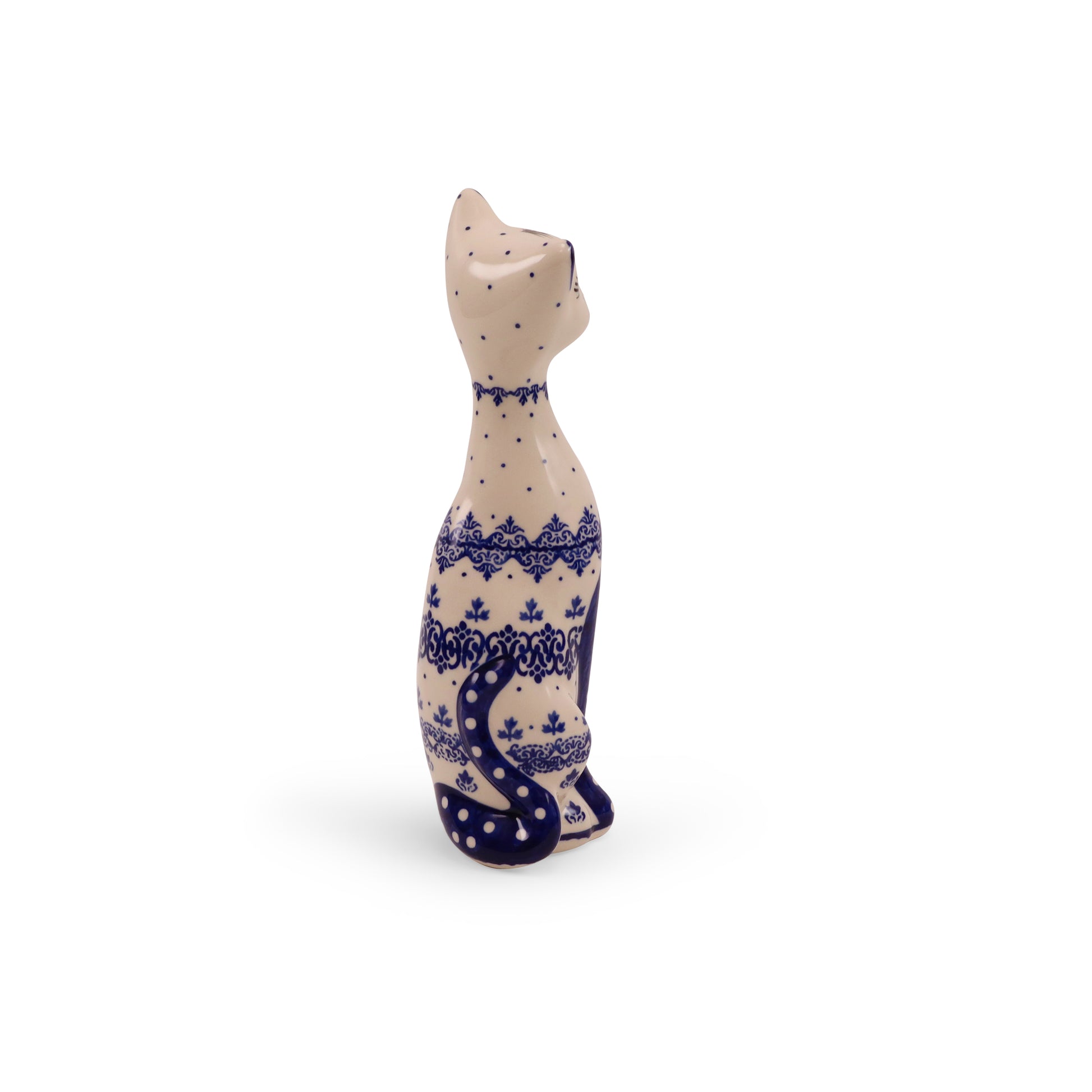 9"x3" Tall Cat Figurine. Pattern: Cobalt Lace  A