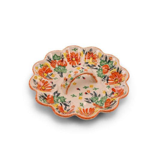 9" Egg Plate with Handle. Pattern: Festive Fall