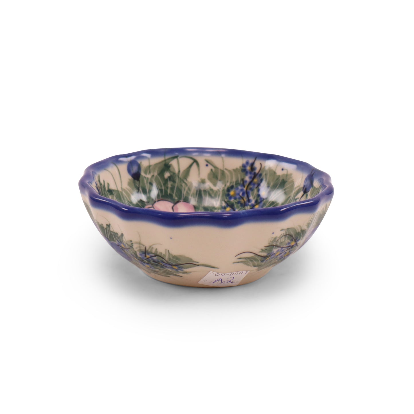 4.5" Round Scalloped Bowl. Pattern: Purple Patch