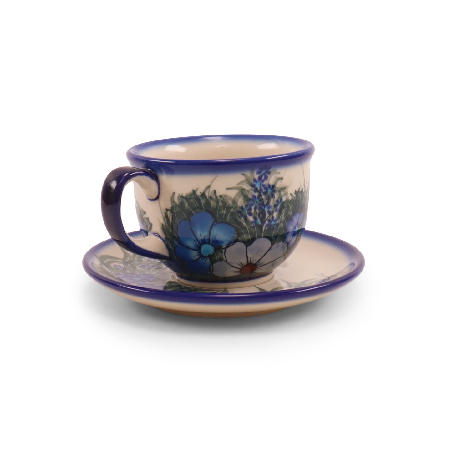 8oz Teacup and Saucer. Pattern: Cool Blues