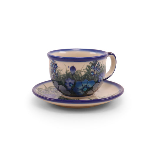 8oz Teacup and Saucer. Pattern: Cool Blues