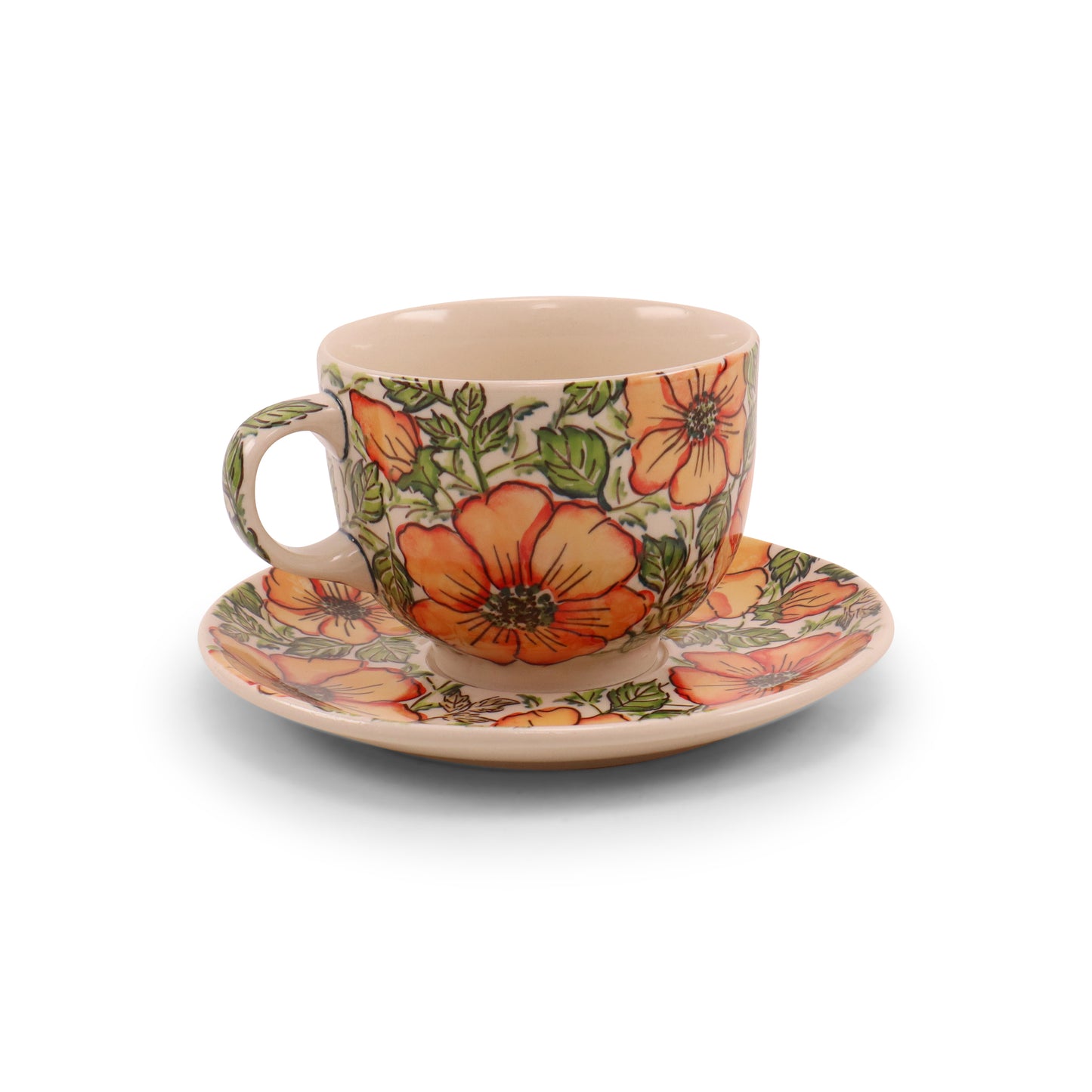 7.5"x4" Cup and Saucer. Pattern: Floral Flame