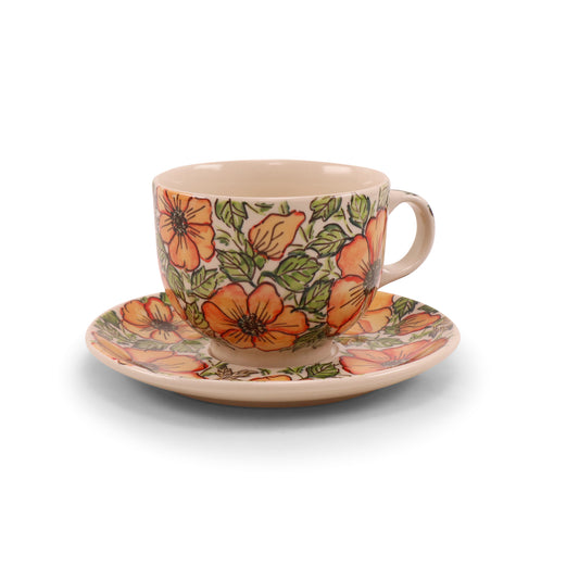 7.5"x4" Cup and Saucer. Pattern: Floral Flame