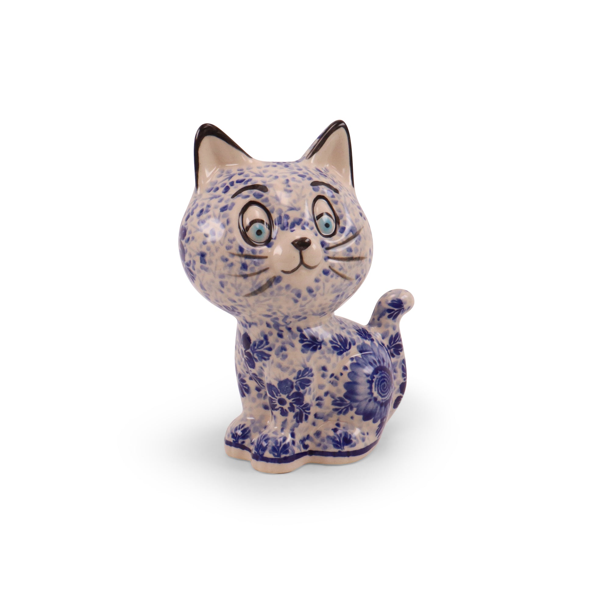 6"x5" Cat Figurine. Pattern: Cobalt Sunflower